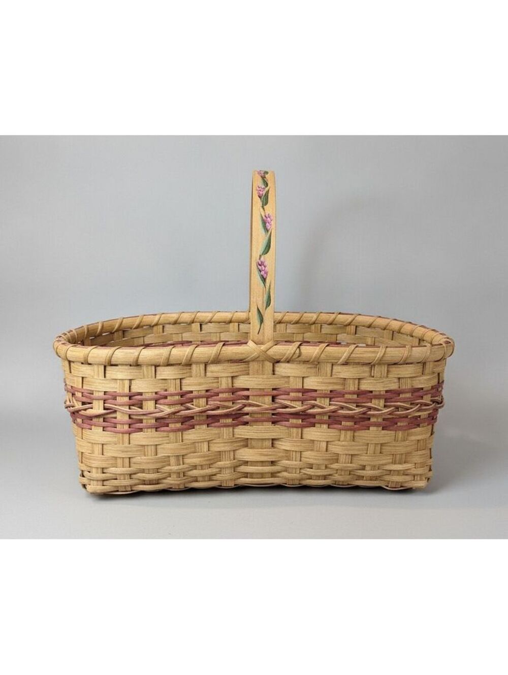 Vintage Handmade Hand-Painted Woven Splint Basket w/ Mauve Accent Weave 11"x 20"